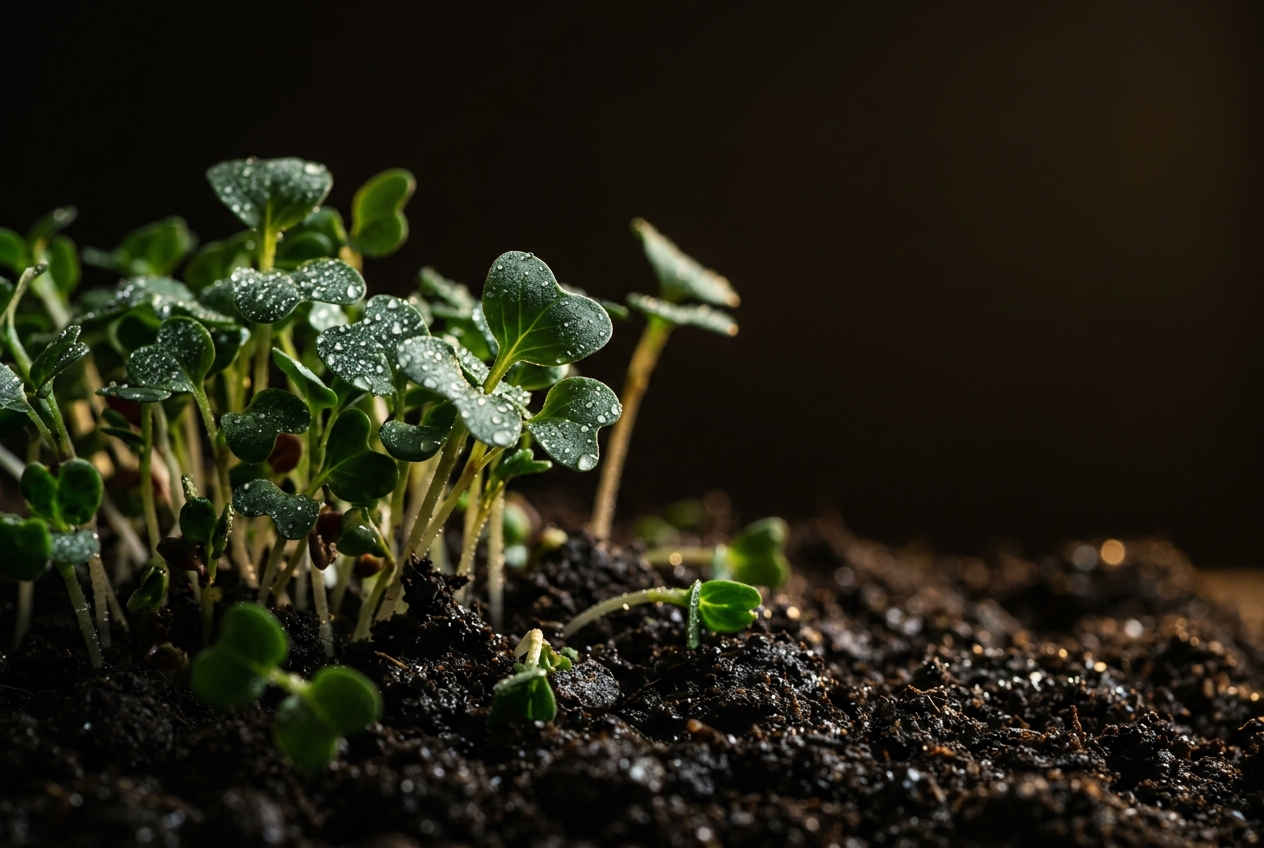 Macro view of fresh microgreens under cinematic light