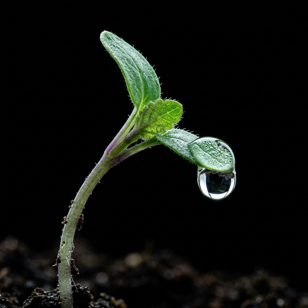 Extreme macro of a single microgreen shoot with a water droplet