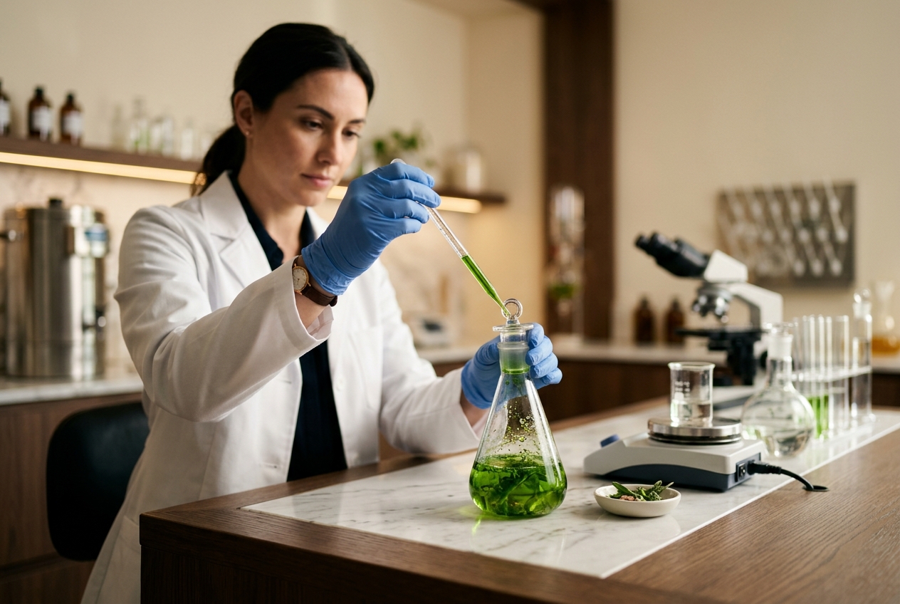 Waraah scientist formulating with microgreen extracts in the lab